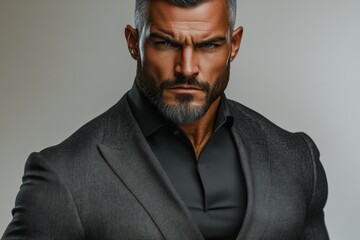Obraz premium A man with a strong presence, featuring a well-groomed beard, poses in a sophisticated black suit, exuding confidence and power in a studio setting.