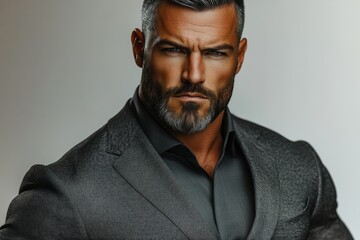 Obraz premium A mature man with gray hair and a fierce expression dons a formal gray suit, showcasing an intimidating appearance and strong character in a studio background.