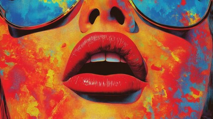 A bright and colorful abstract painting showcasing a close-up of lips accented by oversized sunglasses, embodying a vivid and expressive pop-art style.
