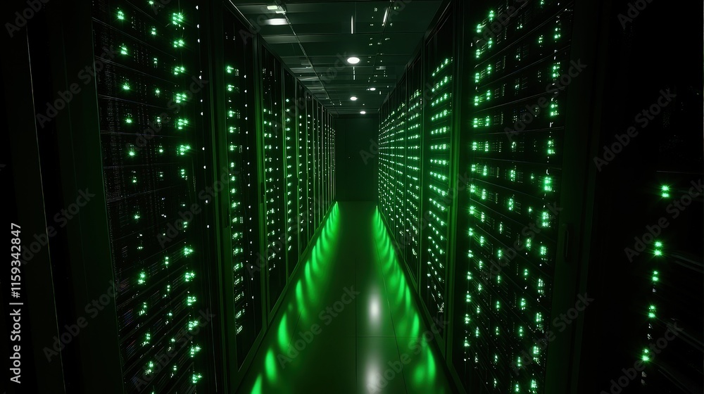 Poster a dark server room corridor with green led lights illuminating rows of server racks. the soft glow a