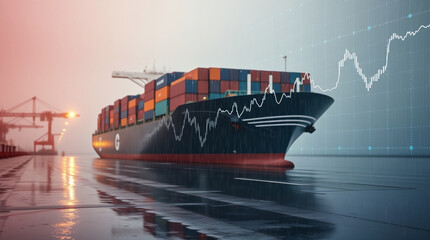 Naklejka premium Container Ship with Trading Chart Overlay, Maritime Transportation and Global Trade Market Analysis Concept. Logistics, financial markets, and international commerce.