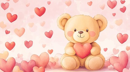 Obraz premium Illustration of a cute teddy bear surrounded by lots of hearts. Frame for Valentine's Day and pink background