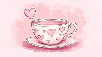 Pastel pink Valentine's Day greeting card featuring a hand-drawn illustration of a teacup decorated with small hearts conveying a heartfelt message of appreciation