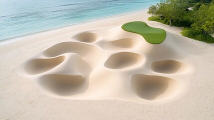 Obraz premium Stunning Aerial View of Unique Sand Bunkers on Tropical Beach Golf Course Surrounded by Calm Ocean Waters and Lush Green Foliage Under Bright Blue Sky