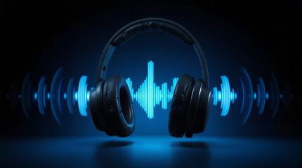 Professional Black Headphones with Blue Digital Sound Wave Visualization Audio Equipment Music Technology Dark Background