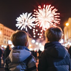 Fototapeta premium A mesmerizing display of fireworks lights up the night sky as two young boys watch in awe, dressed warmly for a winter evening, capturing a joyous moment.