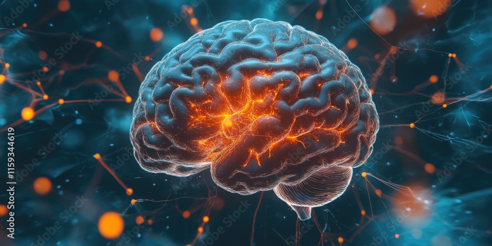 Poster digital illustration representing brain function and the concept of neurocomputing, where neural net