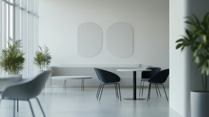 Elegant minimalist office break room with minimal decor. Featuring a clean, open design with contemporary lines