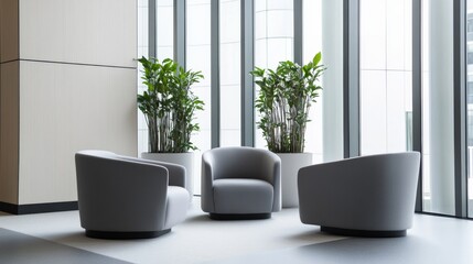 Fototapeta premium Elegant minimalist office lounge with minimal decor. Featuring a clean, open design with contemporary lines