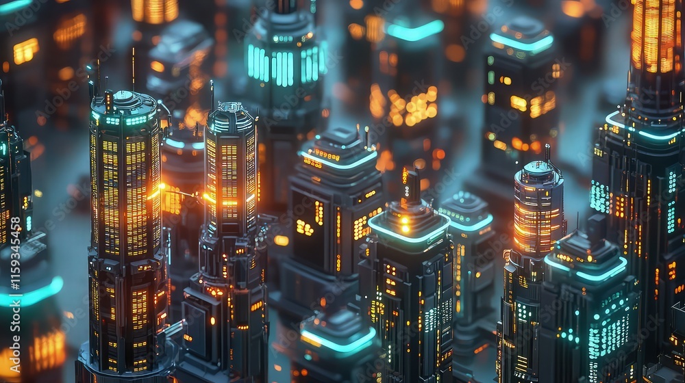 Poster a complex network of skyscrapers connected by vibrant data streams flowing across the skyline. each 