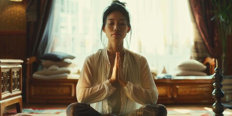 Peaceful scene of woman practicing yoga or meditation in a serene, traditional setting.