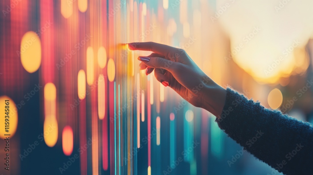 Aufkleber interactive data visualization: a woman's hand interacting with a colorful digital display