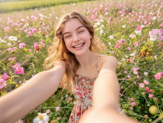 A young, happy woman in a floral dress poses amidst a field of pink flowers. A bright and cheerful outdoor setting.