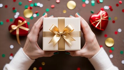 Top View of Woman's Hands Holding an Elegant Present, Perfect for Valentine's Day, Birthday, or Special Occasion Celebrations