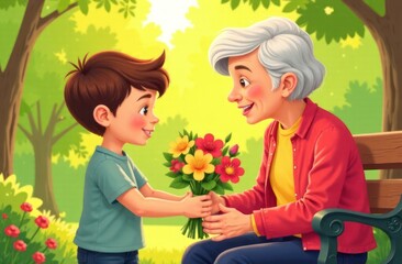 young boy giving colorful bouquet to elderly woman in sunny park. world compliment day celebration. expression of love and gratitude. greeting card, poster, cartoon illustration.
