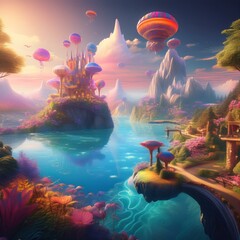 Surreal landscape with vibrant, dreamlike elements. Include fantasy creatures, floating islands, and a sense of wonder and escapism. Soft, ethereal lighting and a mystical atmosphere.