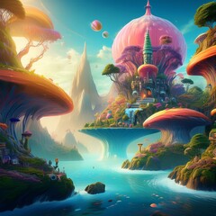 Surreal landscape with vibrant, dreamlike elements. Include fantasy creatures, floating islands, and a sense of wonder and escapism. Soft, ethereal lighting and a mystical atmosphere.