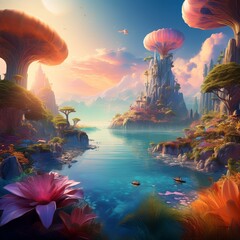 Surreal landscape with vibrant, dreamlike elements. Include fantasy creatures, floating islands, and a sense of wonder and escapism. Soft, ethereal lighting and a mystical atmosphere.