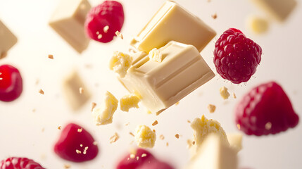 photo of floating pieces of chocolate and raspberries , white background