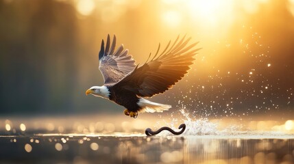 Fototapeta premium Majestic Bald Eagle in Flight Capturing a Snake Above Water Surface with Sparkling Reflection and Golden Sunset Background
