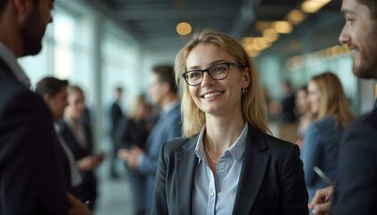 Successful businesswoman attending a corporate networking event with diverse colleagues in a modern office setting