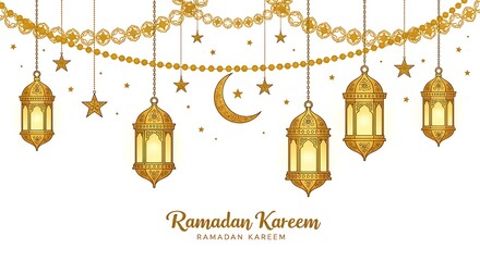 Arabic traditional Ramadan Kareem eastern lanterns garland. Muslim ornamental hanging golden lanterns, stars and moon vector illustration set. Islamic oriental style