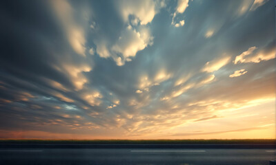 Sky Background Horizon with Dramatic Clouds and Empty Dark Asphalt Street Floor
