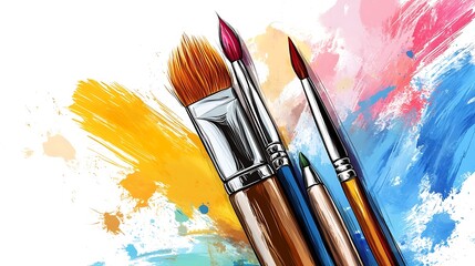 Obraz premium A collection of paintbrushes over colorful splashes, symbolizing creativity and art.
