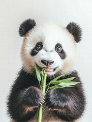 Obraz premium Panda happily munching on bamboo with greenery in the background and space for text. Generative AI
