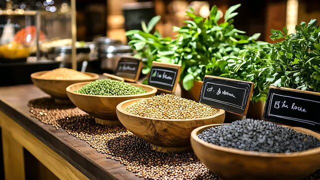 A creative arrangement of quinoa and lentils in wooden bowls on a textured cloth, with chalkboard labels identifying their plant-based protein benefits