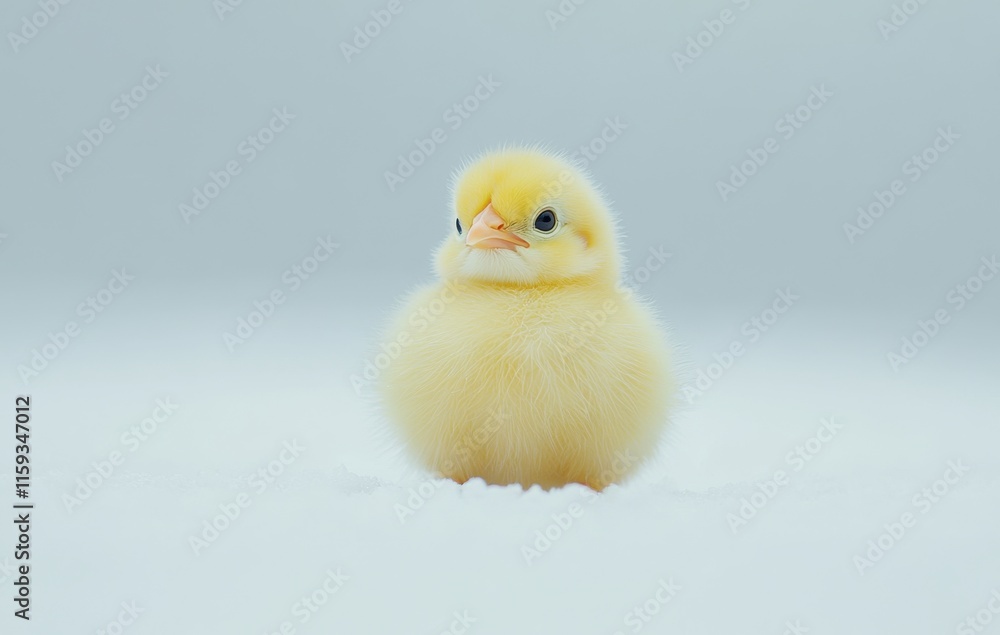 Poster Adorable fluffy yellow chick standing on a soft white surface with a curious expression, symbolizing new beginnings and the joys of nature in a serene setting.