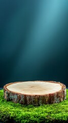 Natural wooden tree stump cross section on bright green moss against dark teal background, perfect for product display or eco-friendly presentation staging concept.