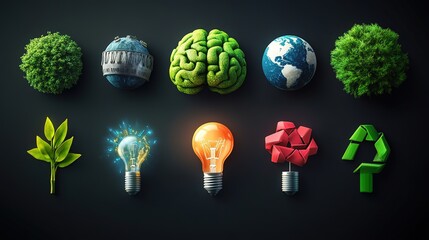 Set of realistic 3d ECO icons. Brain With Eco Bulb, Earth Temperature, Recycling Symbol, Planet Earth, Recycled Waste and Battery Power. 3d Energy Concept. dark background 