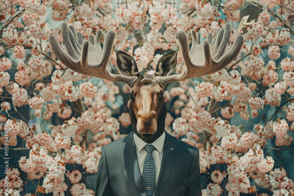 Poster man is wearing a suit and tie and has a moose head on his face. the image has a whimsical and playfu