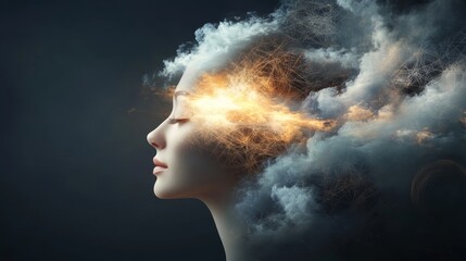 Profile of a Serene Woman with Abstract Clouds and Light Embers Representing Thoughts and Emotions in a Dreamy Atmosphere