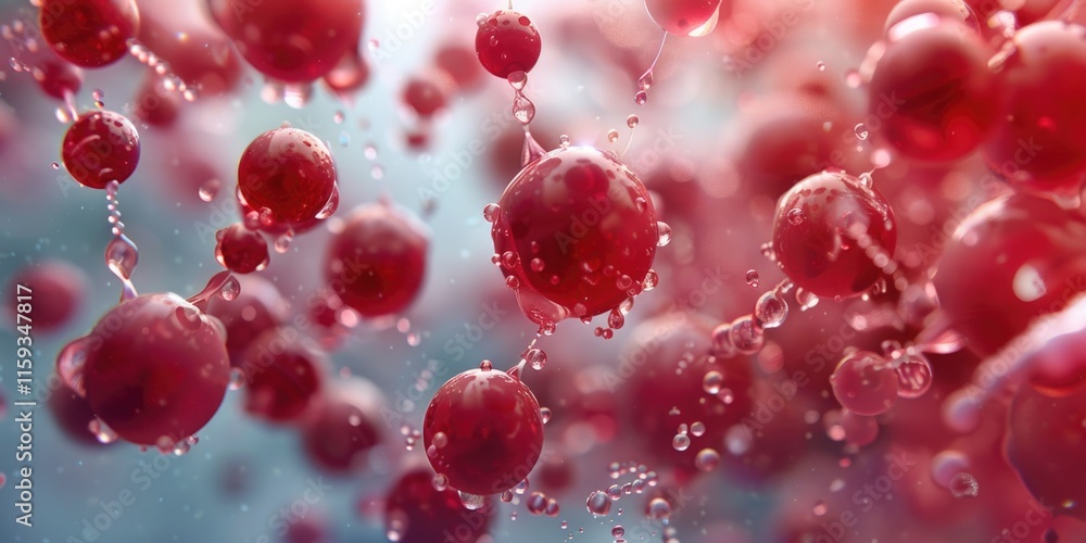 Poster close up of red spheres with a blue background. the spheres are all different sizes and are scattere
