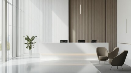 Elegant minimalist reception area with minimal furnishings. Featuring a clean, open design with sleek lines