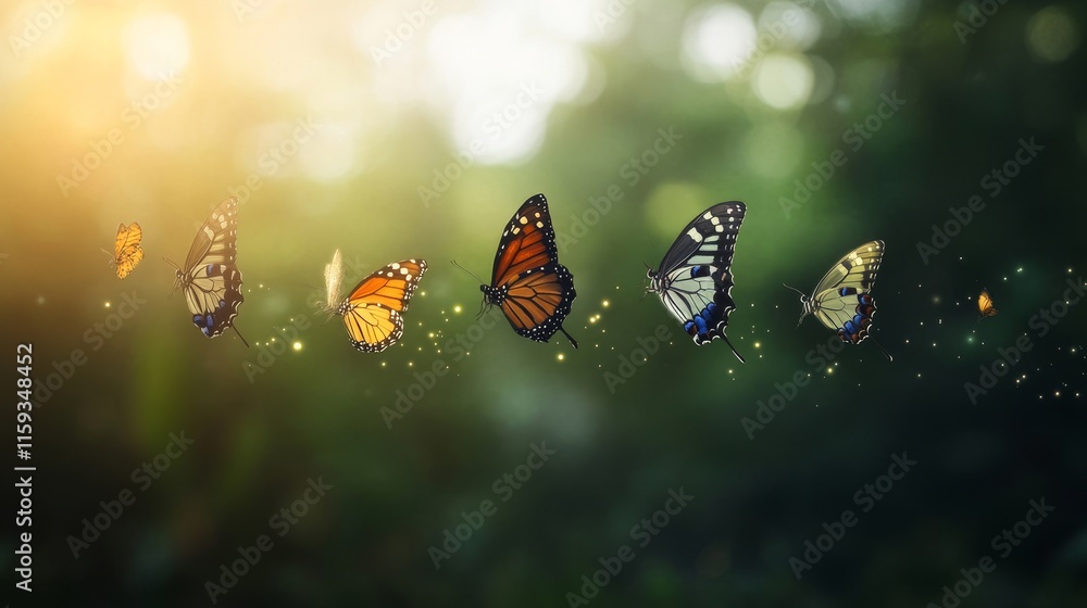 Poster enchanting butterflies in various stages of transformation surrounded by soft sparkles in a lush gre