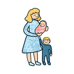 Vector Colorful Cartoon Illustration of a Woman with a Newborn and a Child Isolated on White Background