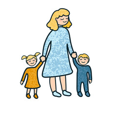 Vector Colorful Cartoon Illustration of a Woman with a Children Isolated on White Background
