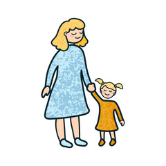 Vector Colorful Cartoon Illustration of a Woman with a Daughter Isolated on White Background