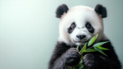Fototapeta premium Panda holding bamboo in a calm indoor setting with a soft background and ample space for text. Generative AI