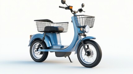 A compact electric tricycle with a storage basket, isolated on a white background,