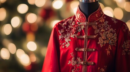 Red Embroidered Mandarin Style Jacket Festive Attire