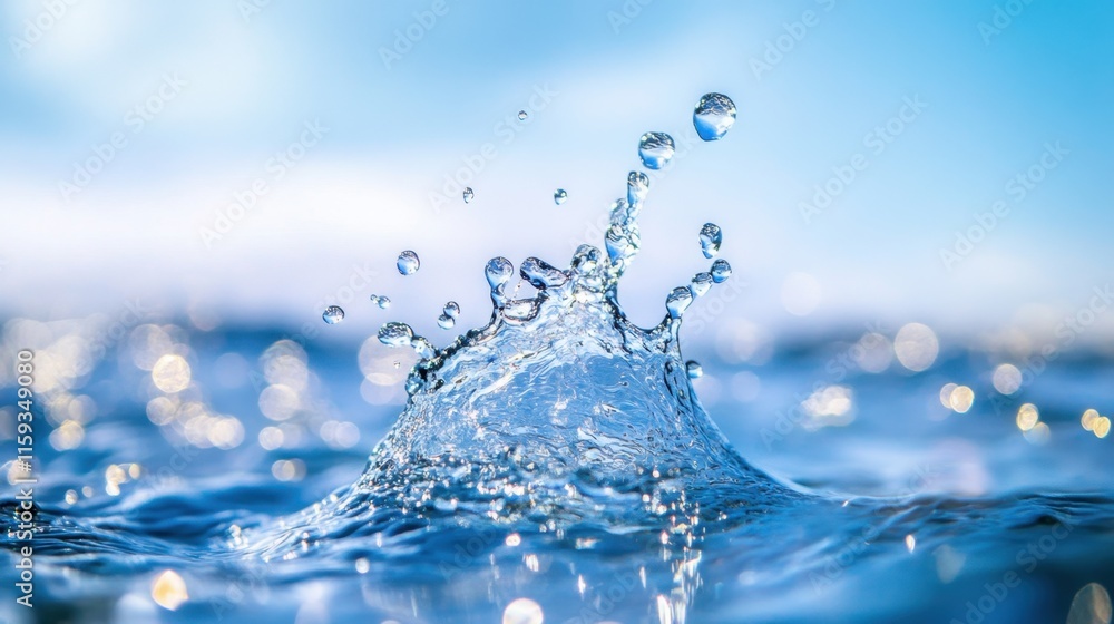 Poster a burst of water droplets erupts from the surface, creating a captivating splash against a bright bl