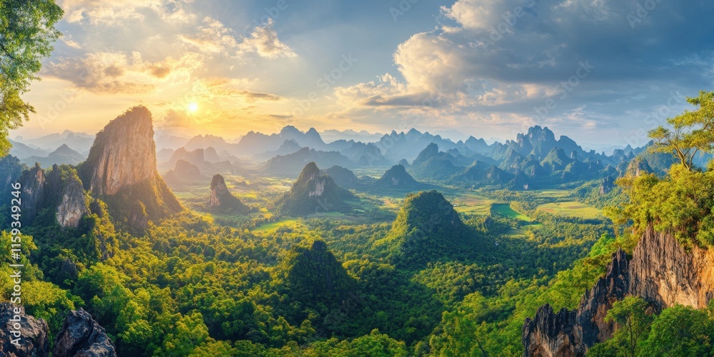 Poster expansive views reveal towering rock formations and rolling hills bathed in warm sunset hues, creati