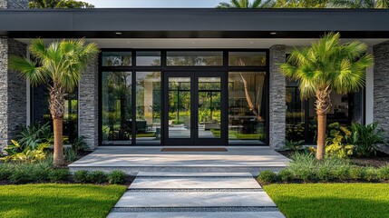 Fototapeta premium Modern home entrance with glass doors, stone facade, and palm trees.