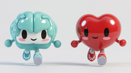 Obraz premium Joyful brain and heart characters running together studio setting 3d animation playful vibe