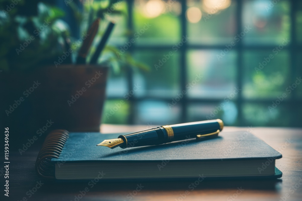 Aufkleber Luxury fountain pen with gold accents resting on a dark notebook in a serene indoor setting during warm evening light. Generative AI