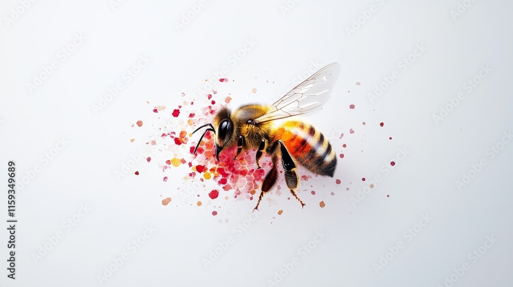 Poster close-up of a honey bee on a vibrant background with colorful splashes, capturing the intricate deta
